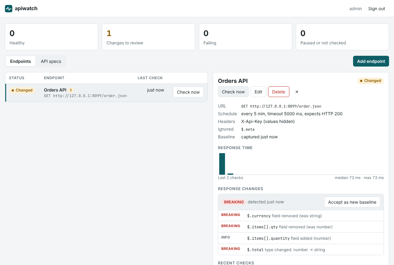 Tremorline: the list of endpoints on the left; on the right the details of the Orders API with its breaking response changes and the affected lines of code